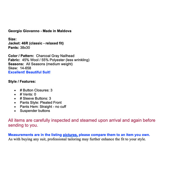 Georgio Giovanno Mens 46R 38x30 Gray Nailhead 2-Piece Classic Suit - Picture 2 of 16